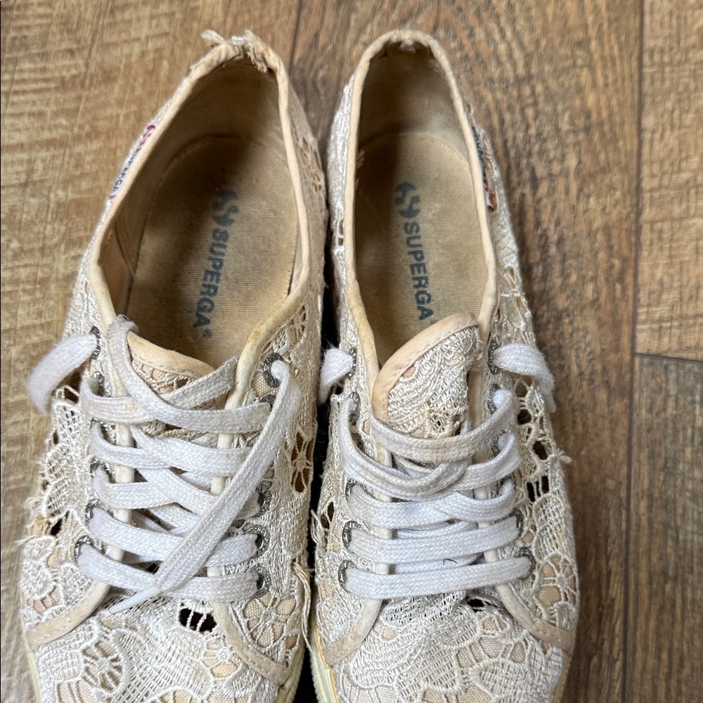 Superga Beige Lace Crochet Low-Top Sneakers
